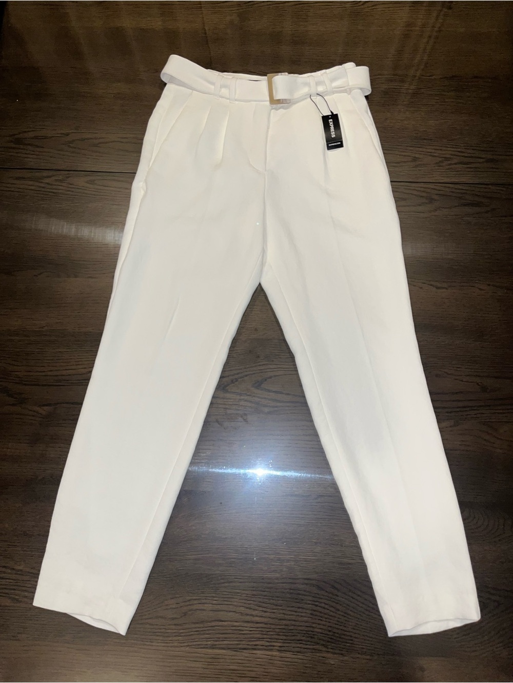 Express Women’s Cream Belted High-Waist Straight Leg Ankle Trousers Size 2 R